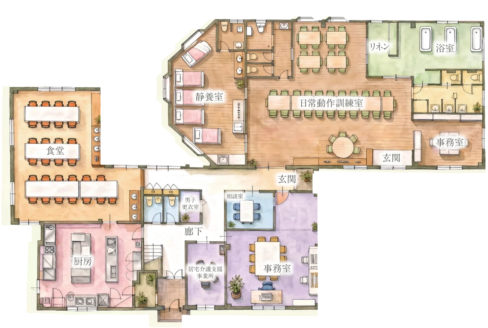 1階の間取り図。食堂、厨房、静養室、日常動作訓練室、浴室、リネン室、男子更衣室、廊下、玄関、相談室、事務室、居宅介護支援事業所が配置されています。
