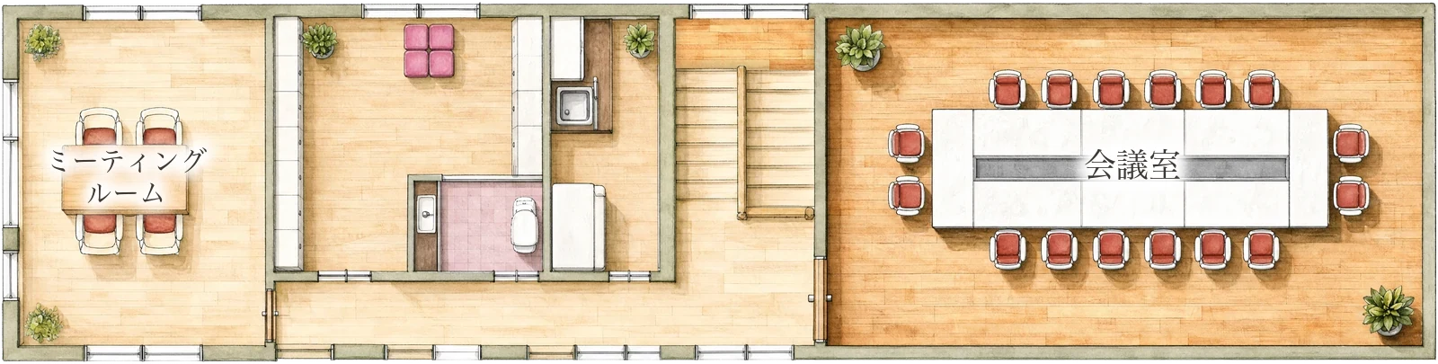 2階の間取り図。1階の図面に重ねて、2階が建物のどの位置にあるかを示しています。図の左側に少人数向けのミーティングルーム、中央に階段と水まわり、右側に大きなテーブルを囲む会議室があります。