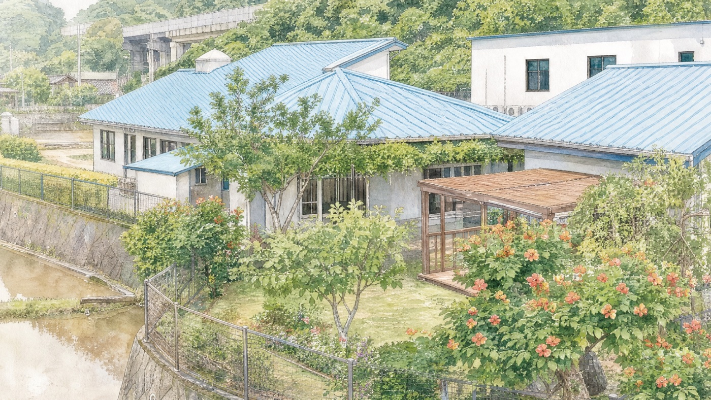 田園に囲まれた平木場荘の庭と建物を描いた水彩画