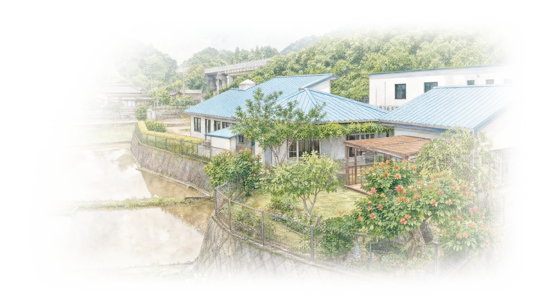 田園に囲まれた平木場荘の庭と建物を描いた水彩画
